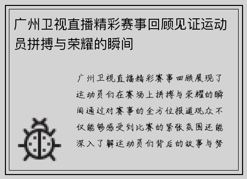 广州卫视直播精彩赛事回顾见证运动员拼搏与荣耀的瞬间