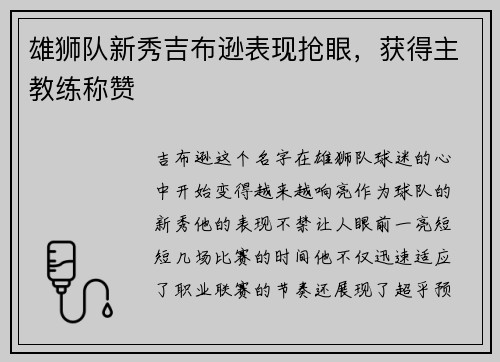 雄狮队新秀吉布逊表现抢眼，获得主教练称赞